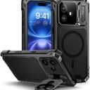 Lanhiem for iPhone 16 Metal Case with Camera Cover & Stand [Compatible with MagSafe] [Built-in Kickstand] [Military-Grade Protection] Heavy Duty Rugged Magnetic Phone Case, Black