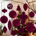 18Pcs Velvet Christmas Tree Ornaments Set, Wine Red Shatterproof Flocked Christmas Decorations Bulk for Tree, Burgundy Decorative Hanging Ball Ornaments for Xmas Holiday Home Party Decor (Burgy)