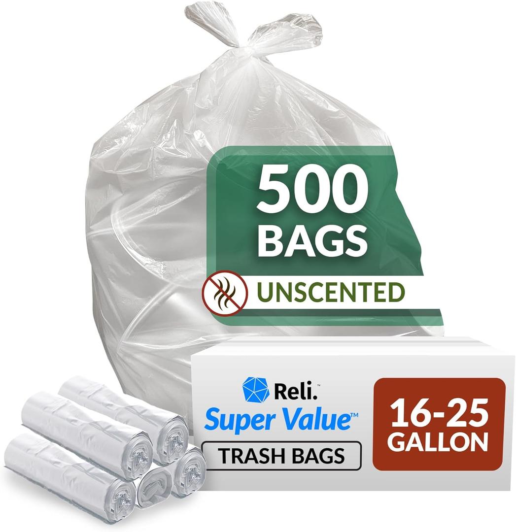 Reli. SuperValue 16-25 Gallon Trash Bags (500 Count Bulk) Clear Garbage bags