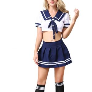 ANJAYLIA Women Lingerie Schoolgirls Outfit Lingerie Roleplay Cosplay Sailor Costumes with Socks (Blue), One size