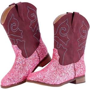 RLW Girls Cowboy Boots Kids Cowgirl Western Boot Glitter Round Toe with Walking Heel Size 7 Sequins Pink