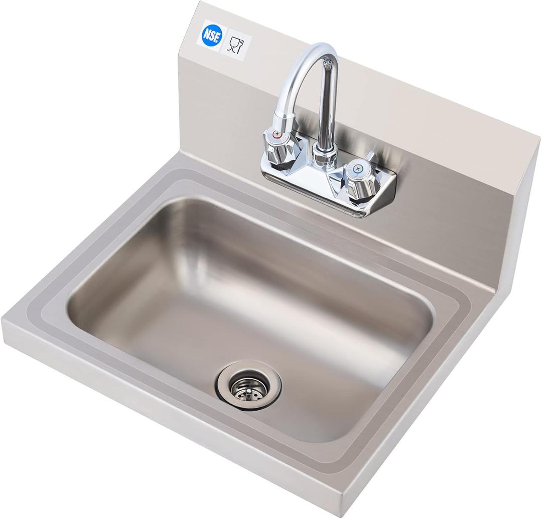 WILPREP Commercial Stainless Steel Sink for Hand Washing, NSF Commercial Utility Sink with Gooseneck Faucet, Wall Mount Kitchen for Restaurant Bar RV Bathroom Laundry Room (17 x 15 Inches) (No Sidesplash)