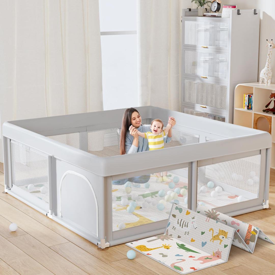 50 x 50 inch Baby Playpen with Mat Small Playpen for Babies and Toddlers Baby Fence Playards (Dark Gray + Mat)