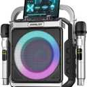 Portable Karaoke Machine, with Wireless Microphones, Bluetooth Party Speaker with LED Lights, Loud Subwoofer, USB/AUX, Outdoor Karaoke Speaker for Adults & Kids, Home & Party (Silver)