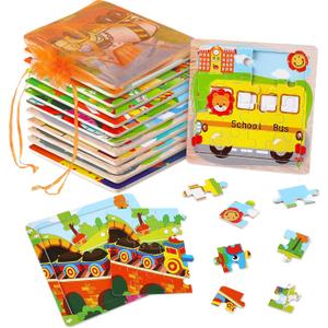 SANNIX 12 Pack Wooden Jigsaw Puzzles for Toddlers 3 4 5 Years Old, Party Favors Transportation Jigsaw for Kids, Educational Puzzles Travel Toy with 12 Organize Bags