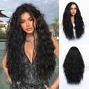 26 Inch Long Curly Wigs for Women, Water Wave Black Wig Middle Part Heat Resistant Natural Looking Synthetic Wig for Daily Party Use