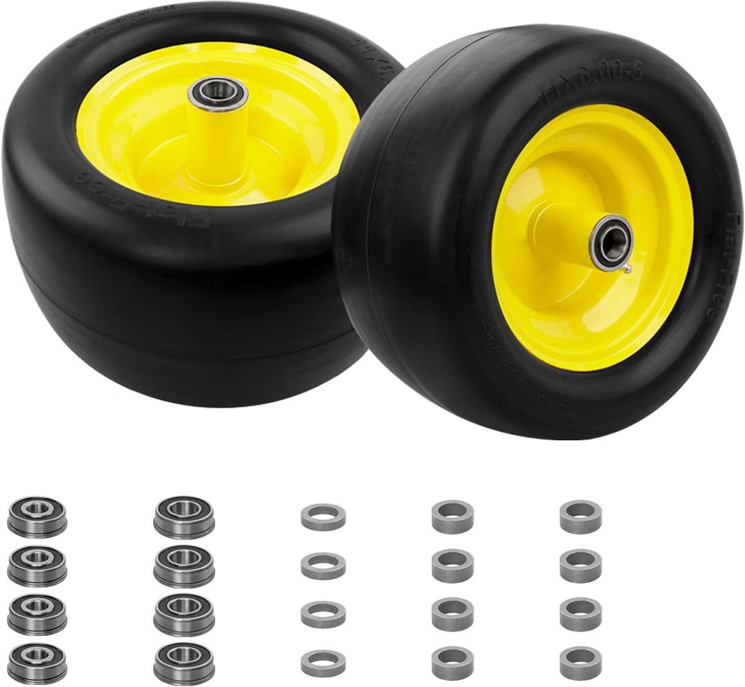 HQPASFY 11x6.00-5 Flat-Free Lawn Mower Tire & Wheel Set of 2, Zero-Turn Mower Front Tires with 1/2" & 5/8" Bearings, Solid Smooth Puncture-Proof Replacement for Lawn Mowers & Zero-Turn Mowers, Yellow
