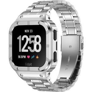 Stainless Steel Watch Band with Case Compatible for Fitbit Versa/Fitbit Sense Bands, Rugged Protective Bumper Metal Wristbands for Men Women (Silver)