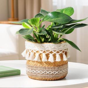 Concrete Rattan-Style Plant Basket Planter, 5" Boho Plant Pots Indoor Outdoor with Drainage Hole, Flower Pot for Succulents, Herbs, Modern Farmhouse Decor, Ideal Gift for Plant Lovers