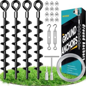 Ground Anchors Shed Anchors Kit with 1/8" Galvanized Cable and Turnbuckles, Trampoline Stakes Heavy Duty Earth Anchor for Sheds Canopy Gazebo Mobile Home Swing Set(4x15in)