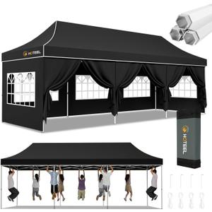 Hoteel 10x30 Pop Up Canopy Tent Heavy Duty with 8 Sidewalls, Waterproof Party Tent, Easy Set-up Commercial Instant Tents with Hand Bag, Rope & Nail, Hexagonal Leg (Black)