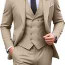 HUEZOE Mens Tuxedo Suit Champagne 3 Piece Slim Fit Jacket Double Breasted Vest Pants Set Formal Wedding Prom Suit Large