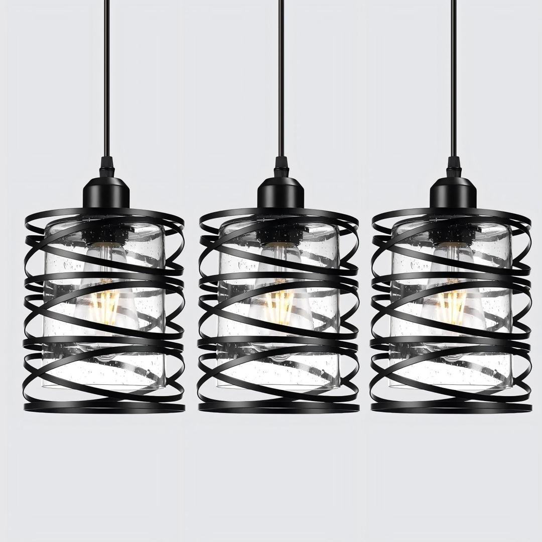 Pendant Lights 3 Pack Kitchen Lights with Bubble Seeded Glass Island Lights Black Hanging Light for Kitchen, Dining Room, Bathroom, Entryway, Restaurant
