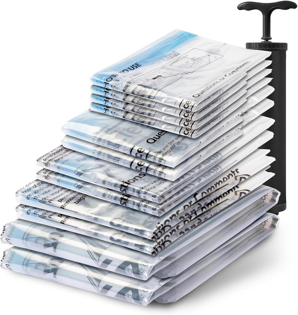 Vacuum Seal Bags for Clothing Travel, 12 Combo - Space Saver Vacuum Storage Bags, Blanket & Clothes Storage Bags Vacuum Sealed Hand Pump Included, Bolsas Para Guardar Ropa Al Vaco