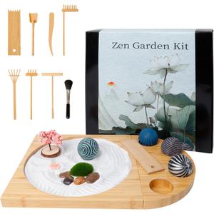 Zen Garden Kit for Desk - DIY Sand Garden with Balls, Japanese Mini Zen Decor, Sand Tray Therapy Kit, Office Desktop Accessories (11.8" x 10.8" x 2.7")