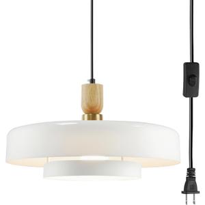 Plug in Pendant Light with 14.75ft Cord & Switch, 2-Tier White & Wood Accent Hanging Ceiling Light, Mid Century Modern Adjustable Swag Lamp for Kitchen Island Dining Room Bedroom