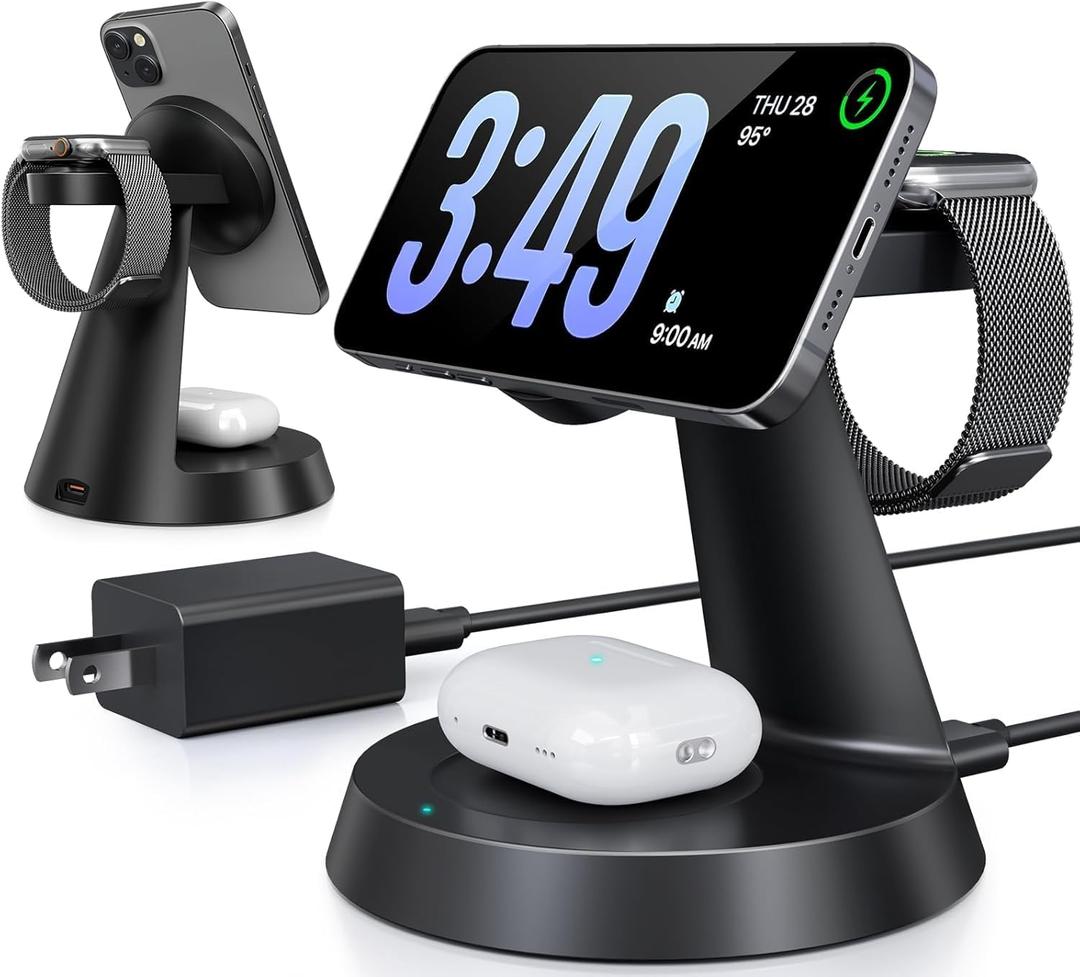 3 in 1 Wireless Charging Station for Apple, 15W Mag-Safe Charger Stand for iPhone17/16/15/14/13/12 Pro/Max/Plus/, Phone Charger Stand for Airpods 4/3/2, Wireless Charger for iWatch Series(Black)