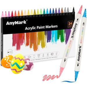 AnyMark 24 Colors Acrylic Paint Markers, Dual Tip Acrylic Paint Pens with Brush & Fine Tip, Premium Paint Markers for Coloring, Canvas, wood, Stone, Rock Painting, Glass