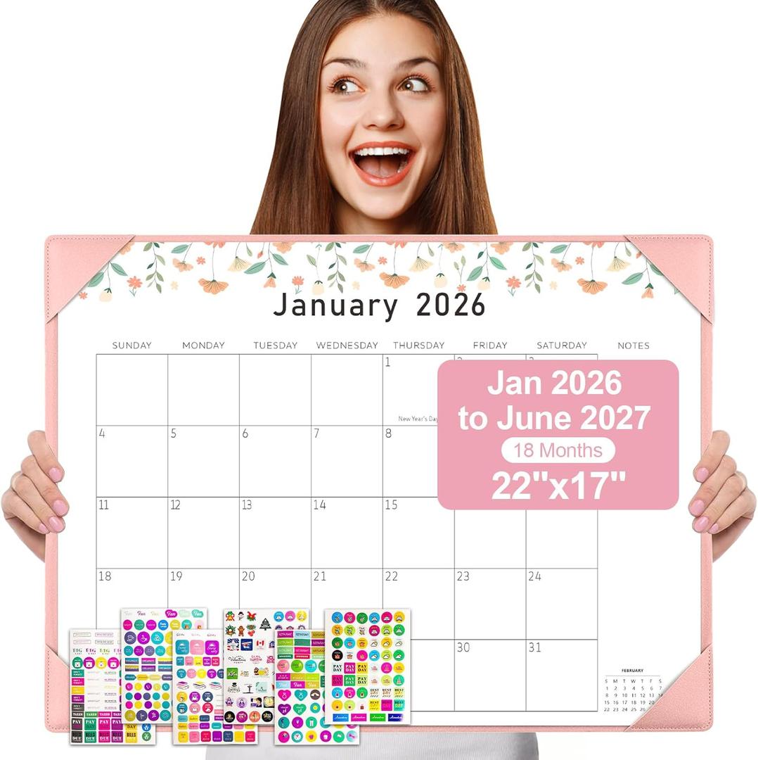 Gannyfer Desk Calendar 2026 with Desktop Mat, Simplified Large 22" x 17" Desktop Pad Calendar, 18 Month Desk Calendar, Use Jan 2026 to June 2027, Office Supplies Perfect for Home School and Office - Pink(6 Stickers Included)