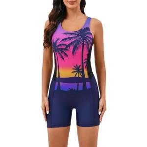 Halcurt Women's Boyleg Athletic One Piece Swimsuit with Boyshorts Racerback Sport Bathing Suit (XX-Large, Navy/Coconut Tree)