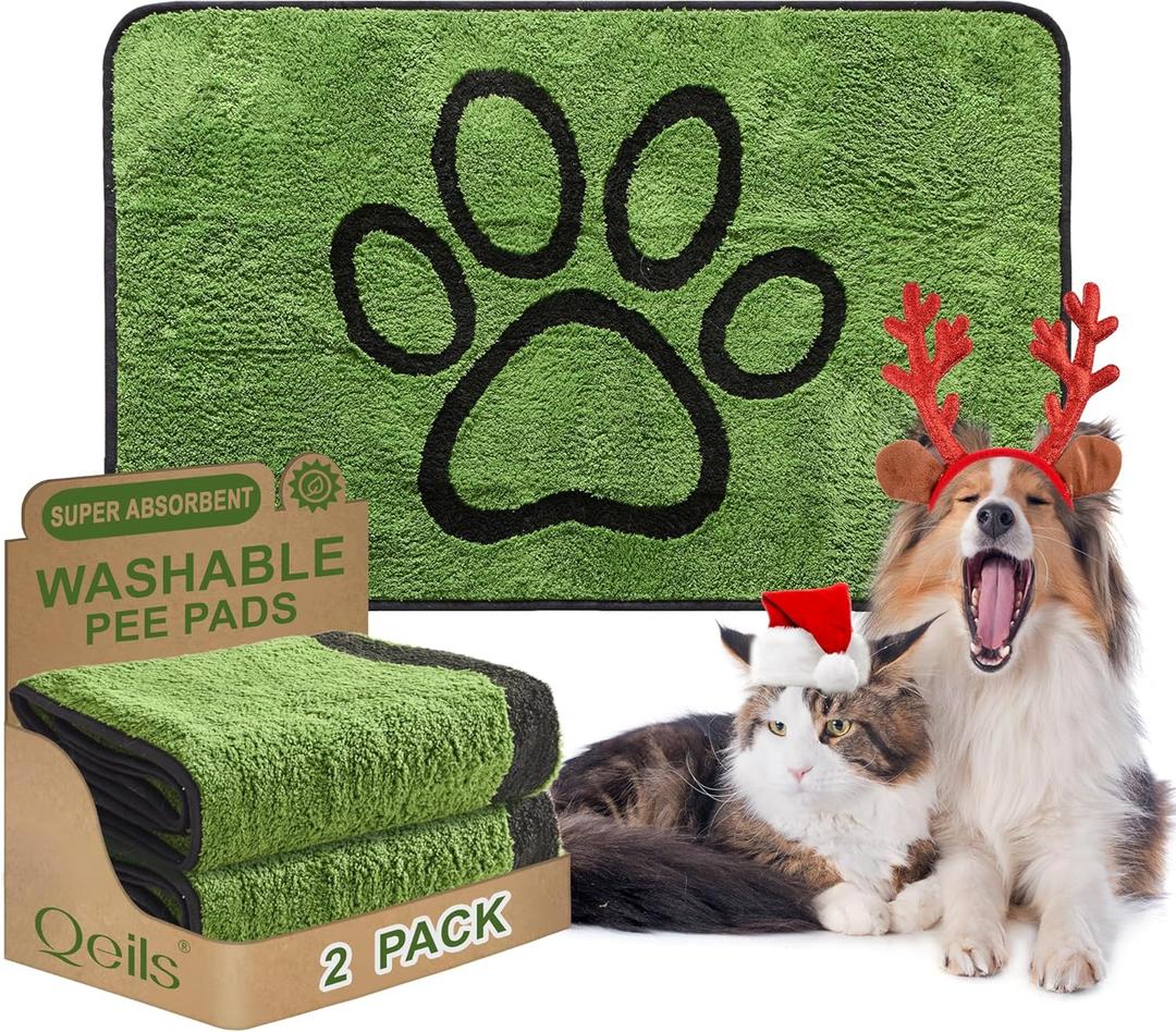 Qeils Reusable Dog Pee Pads, 2 Pack Super Absorbent & Leakproof Washable Puppy Pads with Soft Green Top Layer, for Potty Training, Crates, Couch, Car Seats & Pet Beds, 30"x 48"