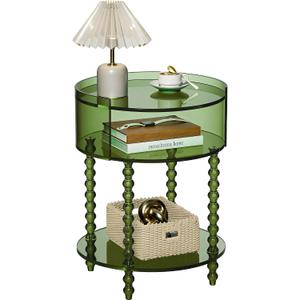 Modern Acrylic Round Side Table, End Table for Living Room, Clear Nightstand for Bedroom, Lobby and Office, Easy Assembly (Green, Nomal), Small
