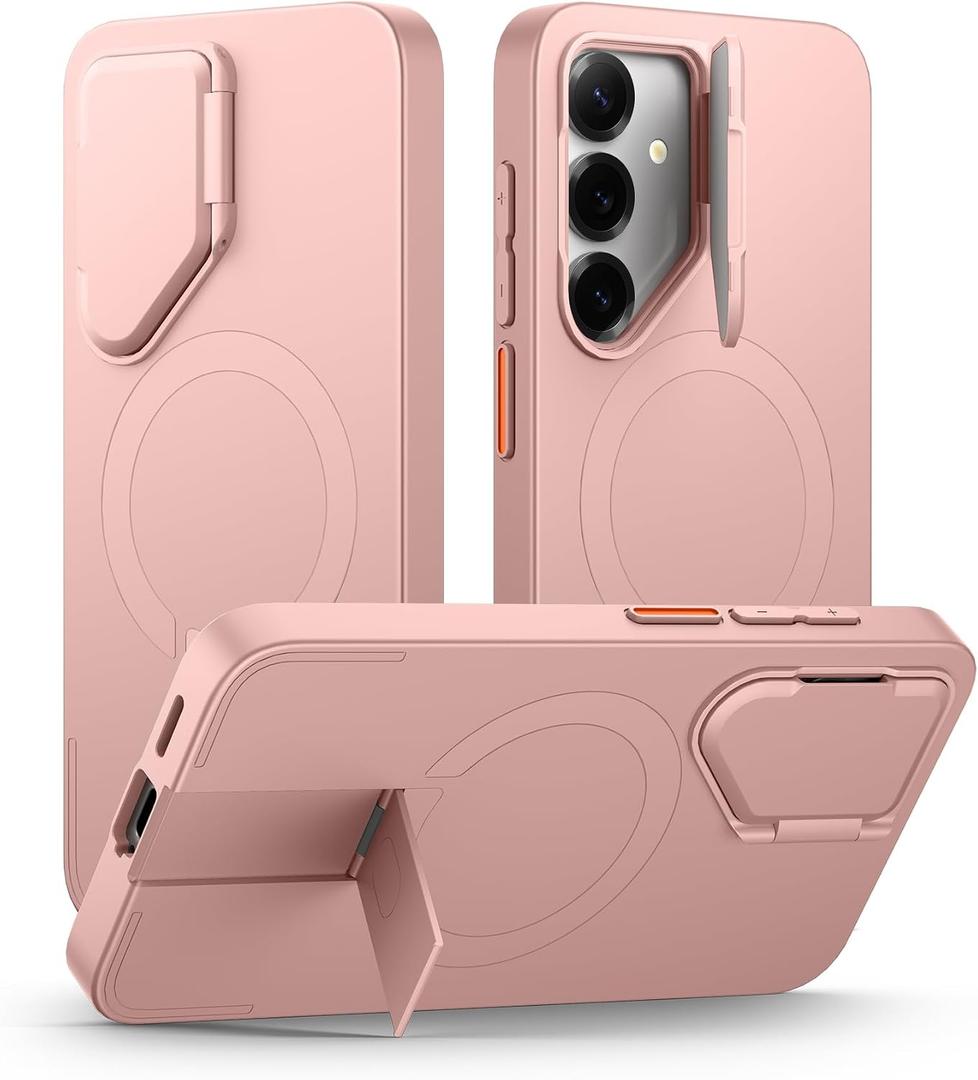 SURITCH for Samsung Galaxy S25 Phone Case, Magnetic Shockproof Bumper Case Slim Protective Cover with Camera Cover & Adjustable Metal Kickstand for Galaxy S25 (2025)- Pink