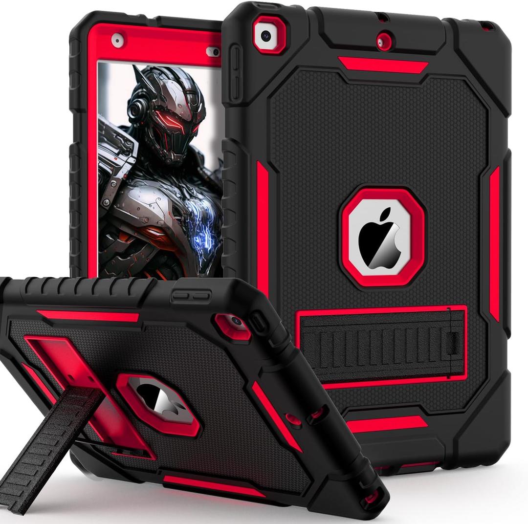 Case for iPad 9th/8th/7th Generation 2021/2020/2019(10.2 inch), Heavy Duty Military Grade Shockproof Rugged Protective 10.2" Cover with Built-in Stand for iPad 9 8 7 Gen (Black+Red) (Black+Red+Black)