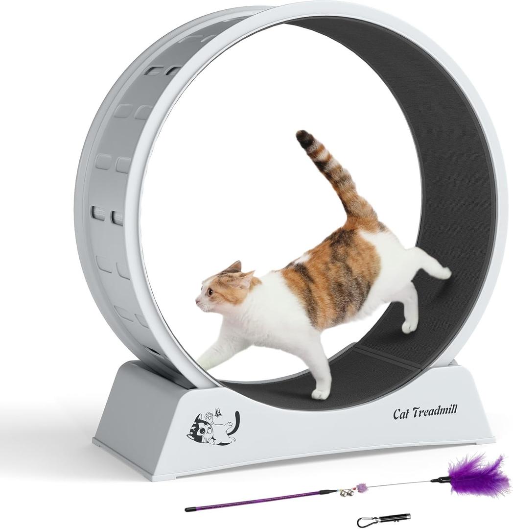 Cat Wheel for Indoor Cats, 34 Running Treadmill with Nonslip Carpet, Large Wheel with Teaser (White Gray)