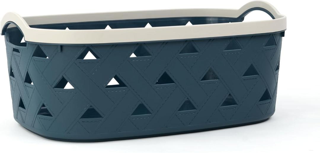Extra-Large Plastic Storage Basket with Handles  Blue & Cream Decorative Bin for Bathroom, Living Room, or Laundry  Designer Leather Pattern Organizer Basket, 16.7L