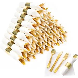 50 Pack Pre Rolled Gold Plastic Silverware Set, Wrapped Plastic Cutlery Set with Napkin Include 50 Forks, 50 Spoons,50 Knives and 50 White Napkins for Party, Wedding, Christmas
