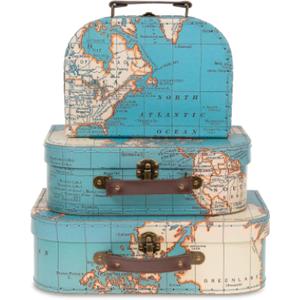 Jewelkeeper Paperboard Suitcases, Set of 3 Decorative Storage Boxes, Vintage Luggage for Birthdays, Weddings, World Map Design (Atlas Blue)