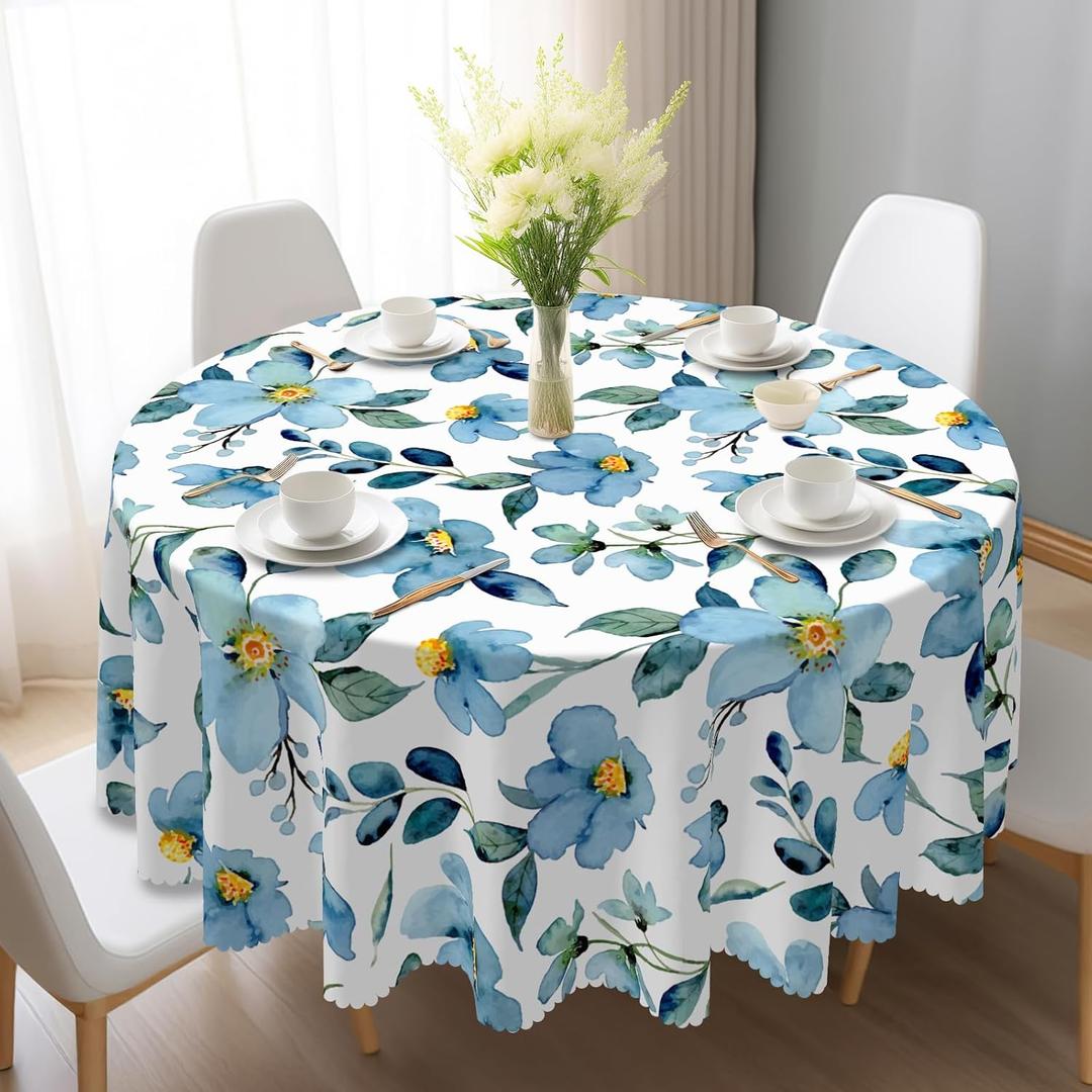 Eikione Summer Round Tablecloth,Tablecloth Waterproof and Wrinkle-Free, Round Table Covers, Summer Decorations for Home 60inch (Blue Flowers)