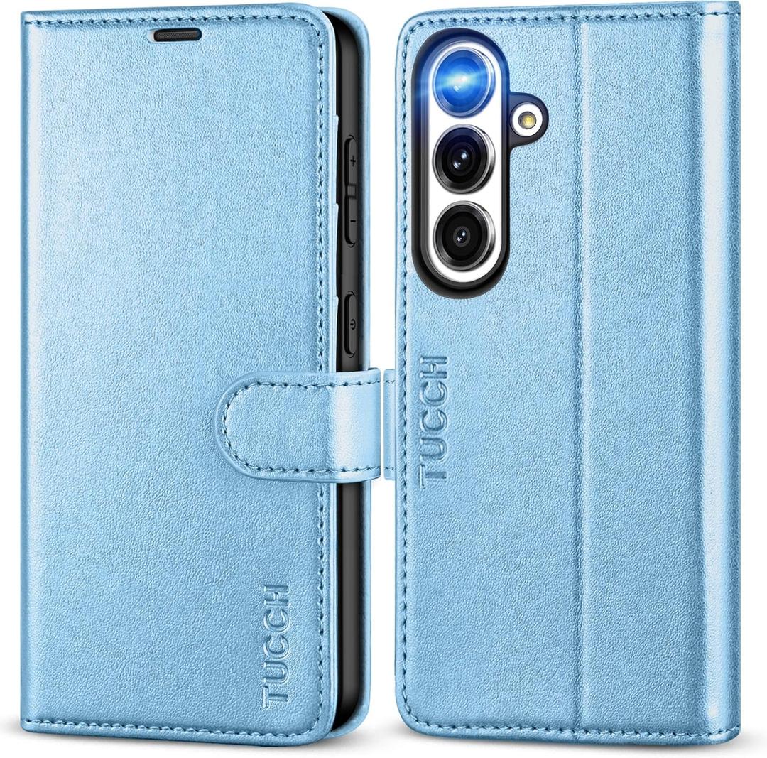 TUCCH Case Wallet for Galaxy S25 5G, Magnetic PU Leather Kickstand [RFID Blocking] Card Slot Flip Cover with [TPU Shockproof Interior Case] Compatible with Galaxy S25 6.2" 2025, Pearly Light Blue