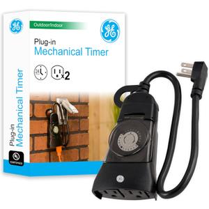 GE 24-Hour Indoor / Outdoor Programmable Mechanical Timer, Dual Outlet Plug-In, 2 Grounded Outlets, Heavy Duty Weather Resistant, 30 Minute Intervals, 15138