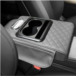 Car Center Console Armrest Pillow, Leather Car Armrest Cushion with Cup Holder & Phone Holder, Universal Armrest Storage Box Protector for Most Vehicles, Car Accessories (Gray, Embroidered)