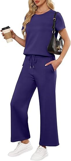 ANRABESS Women's 2 Piece Outfits Lounge Sets 2025 Summer Sweatsuits Short Sleeve Wide Leg Pants Sweat Set Tracksuits Clothes Navy Blue Small, S
