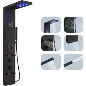 Hoimpro Matte Black LED Shower Panel Tower System,2 In 1Function Shower Panel Light Rainfall Waterfall Shower Rain Massage System with Body Jets Handheld Shower Sprayer, Stainless Steel, Wall Mount