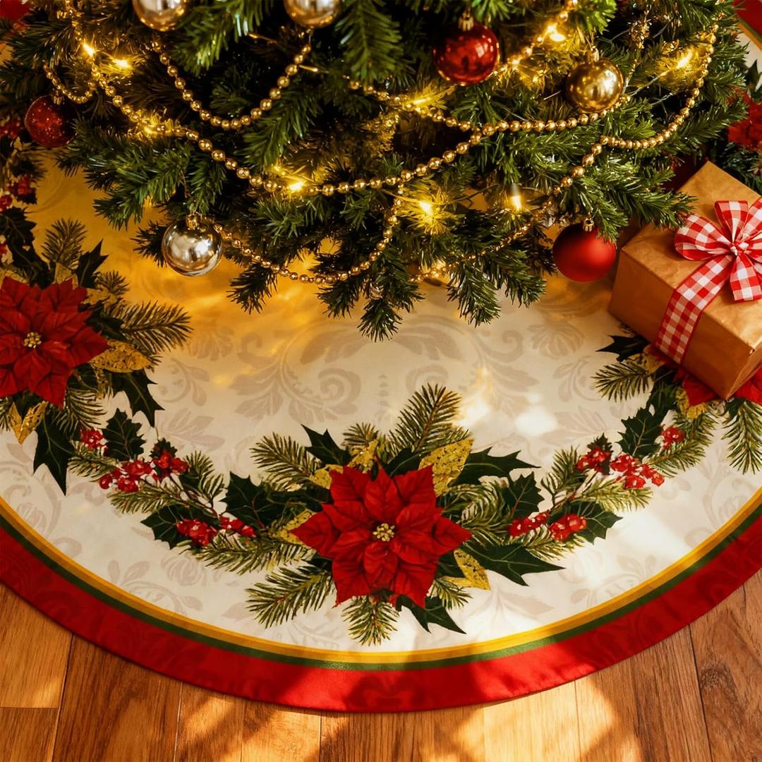 Jenaai Christmas Tree Skirt 36 Inch, Red and Green Poinsettia Xmas Tree Mat with Holly Flower Classical Vintage Design for Home Christmas Decorations Holiday Party Indoor Outdoor Decor