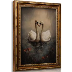 Vintage Gold Framed Wall Art Vintage Swan Canvas Wall Decor Retro Moody Swan Oil Painting Prints Farmhouse Antique Animal Picture Poster Artwork for Home decor Living Room Bedroom Hallway 16x24in