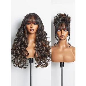 GORGIUS Highlight Wigs with Bang Body Wave Wig Long Natural Highlights Glueless Wavy Wig Crafted with Style-Archive Premium Fiber, Realistic Look with True Scalp Highlights Mixed Natural Black