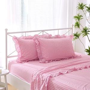 K MASANIJI Pink White Plaid Ruffle Sheets Queen Size 4-Piece Set, 300TC 100% Yarn Dyed Cotton Sheets 18 in Deep Pocket Classic Gingham Decorative Bedding (Pink/White Plaid, Queen)
