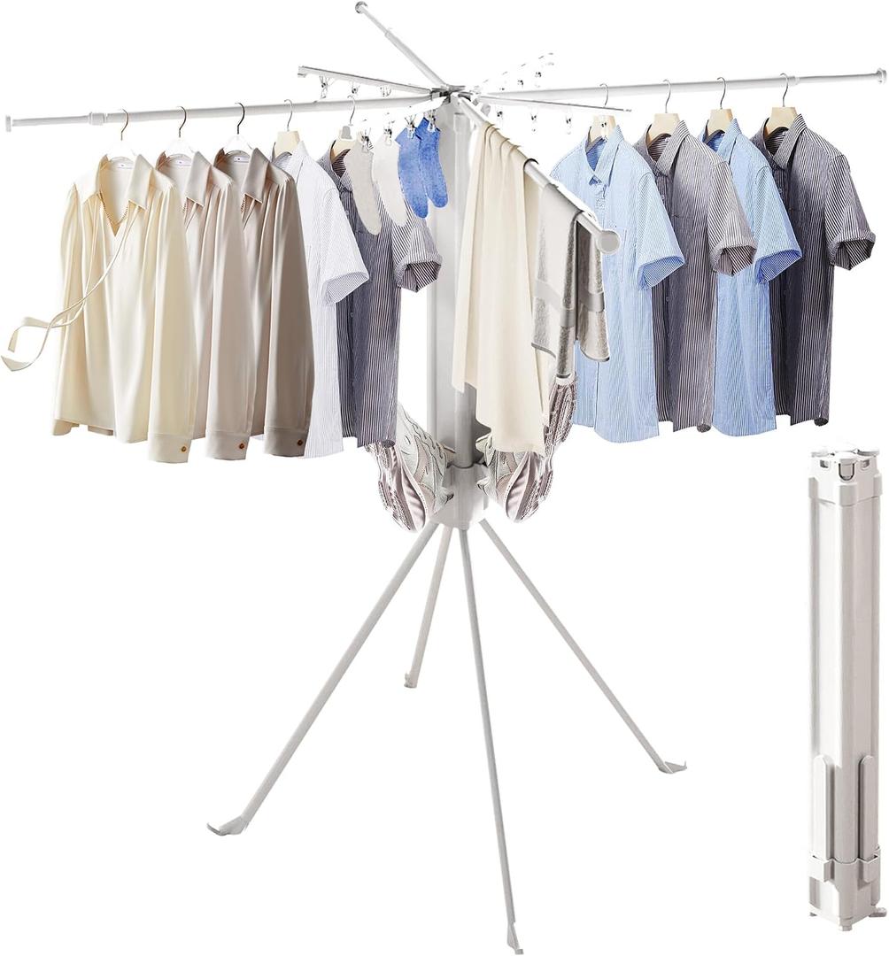 Foldable 4-Legged Clothes Drying Rack, Extra Stable Heavy Duty Laundry Drying Rack with Sock Clips & Shoe Holders, Large Capacity Collapsible Drying Stand for Indoor Outdoor Use, 5.2 x 5.2 x 31 inches