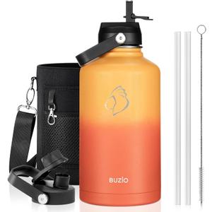BUZIO 128oz Gallon Water Bottle, Insulated Water Jug with Straw Lid and Carrying Sleeve (Cold for 48 Hrs) Stainless Steel Hydro Metal Canteen Water Flask, Yellow Orange