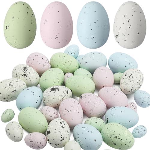 Soulchen 36 Pcs Artificial Bird Eggs Easter Pastel Speckled Eggs Colored Faux Egg for Easter Spring Display DIY Craft Home Bowl Fillers Decoration(Light Pink, Light Blue, Green, White)