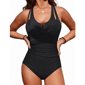 Women Tummy Control One Piece Swimsuits Slimming Push Up Bathing Suit Double Straps Swimwear (Black)