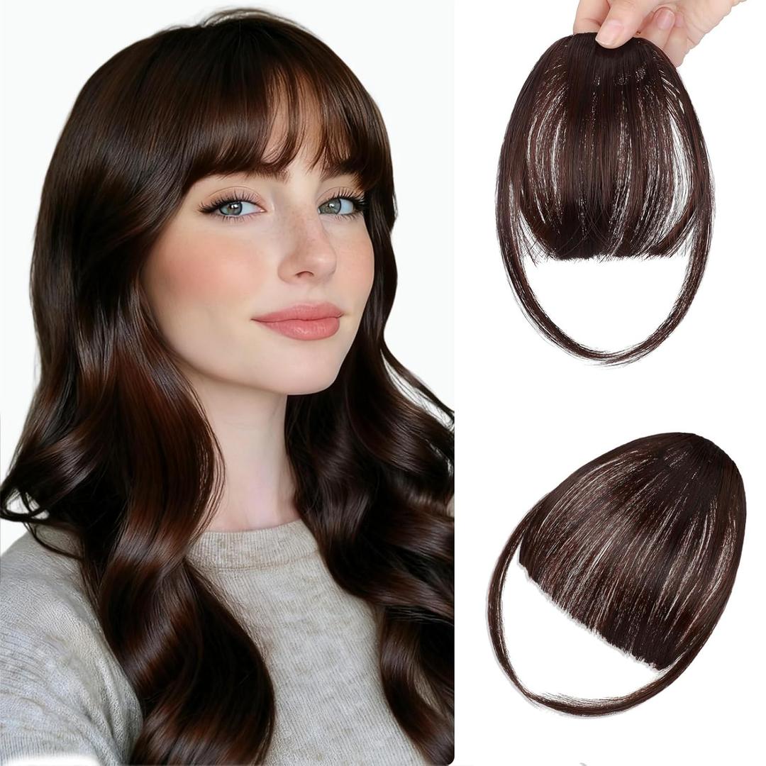 Clip in Bangs, Wispy Bangs Hair Clip,Natrual Fake Bangs Fringe with Temples Hairpieces for Women Clip on Faux Bangs Hair Extensions for Daily WearDark Brown Mix Dark Auburn