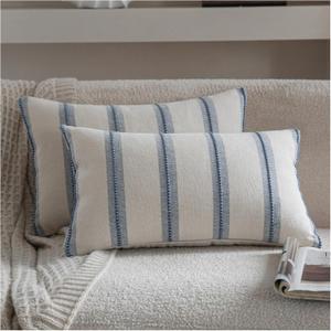 Cethom Boho Lumbar Throw Pillow Covers 12x20 Set of 2, Beige and Blue Striped Decorative Pillow Cases for Couch Chair Bed, Farmhouse Accent Cushion Covers for Living Room Bedroom Sofa Home Decor