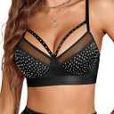 Avidlove Sexy Bras for Women Rhinestone Wireless Bralettes Lace V Neck Wirefree Bra Strappy Rave Outfit NO Padded (Black, L)
