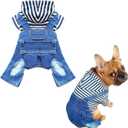 Small Dog Hoodie Clothes Cute Stripe Shirts Denim Jumpsuit One-Piece Outfit for Small Medium Dogs Cats Boy Girl Chihuahua Blue Jeans Overalls Puppy Costume (Blue,S)